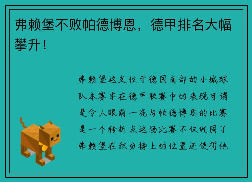 弗赖堡不败帕德博恩，德甲排名大幅攀升！